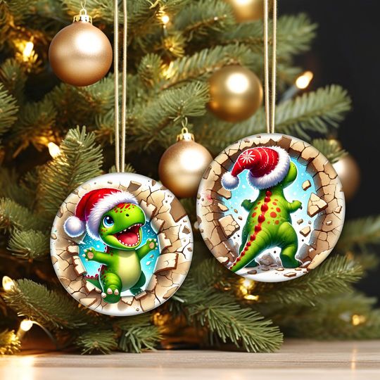 Discover Dinosaur Christmas Tree Ceramic Ornament: Christmas Dino Baby Keepsake, Santa Hat T-Rex Ornament for Christmas