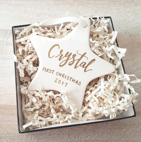 Discover Personalized Baby's First Christmas Star Ornament: Calligraphy Ceramic Gift