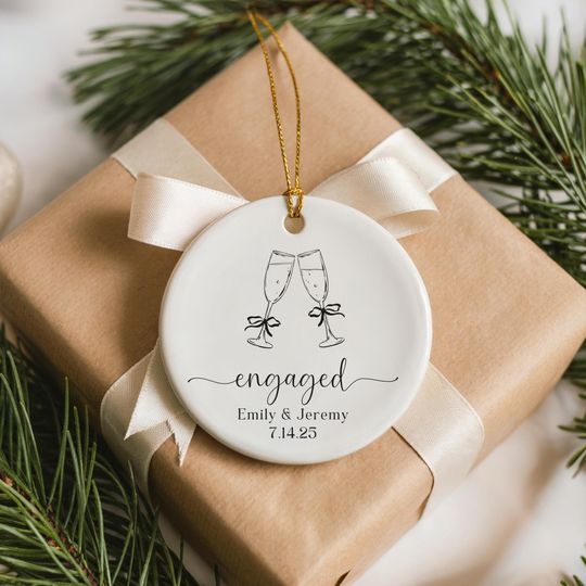 Engaged Ornament with Champagne Glasses, Personalized Engagement Ornament, First Christmas Engaged Gift 2025, Couple Keepsake