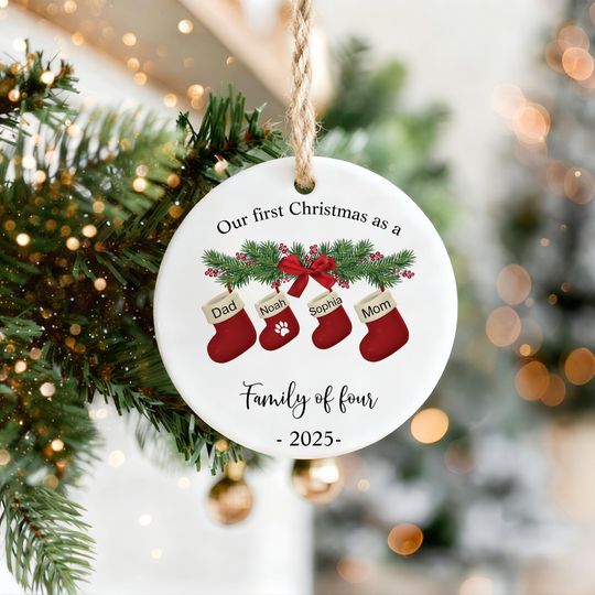 Discover Personalized Family of Four Ceramic Christmas Ornament 2025, Custom Our First Christmas As A Four, Baby's First Christmas Keepsake Gift