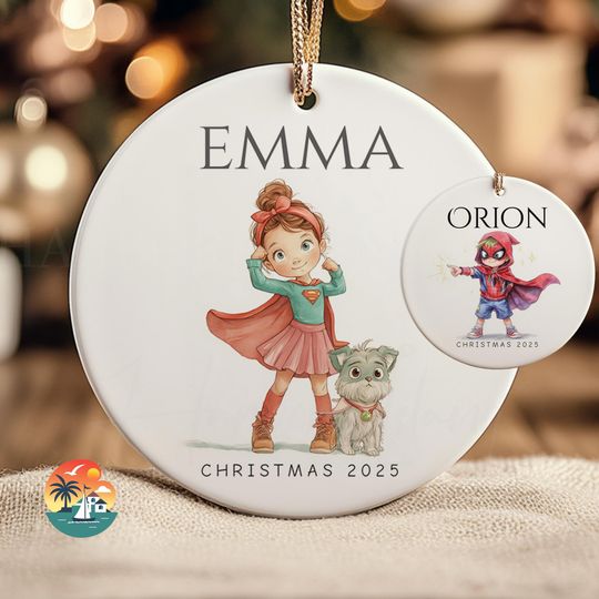 Discover Personalized Superhero Ornament: Girl with Puppy - Matte Ceramic