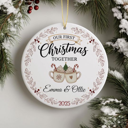 Discover Our First Christmas Together Ornament Personalised Couple Names Date - Ceramic Tree Decoration 2025 Romantic Gift