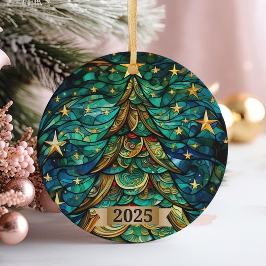 Discover Christmas Tree Ornament 2025, Stained Glass Holiday Decoration, Elegant Keepsake Gift for Family, Coworkers, Friends