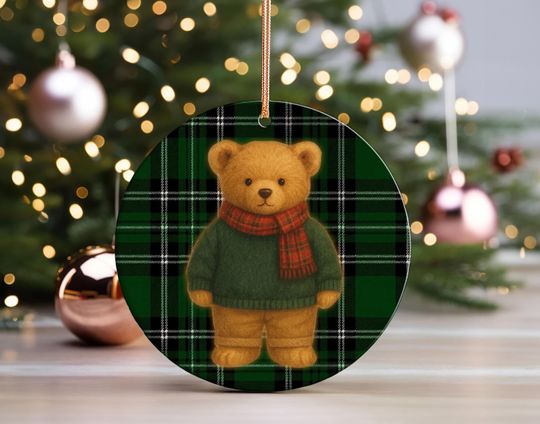 Discover Xmas Plaid Teddy bear Tartan Ornament, Christmas Tree Ceramic Ornament, Festive Decoration, Cozy Home Decor, , Seasonal Fall Gift