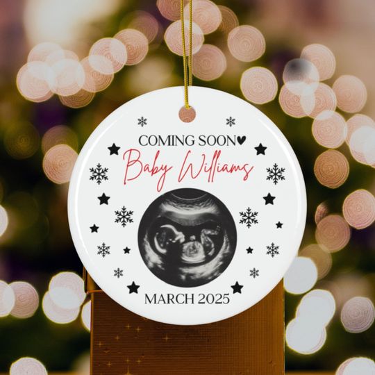 Discover Pregnancy Announcement Christmas Ceramic Coming Soon Ornament Gift for Expecting Parents, Personalized Pregnancy Reveal Ultrasound Ornament