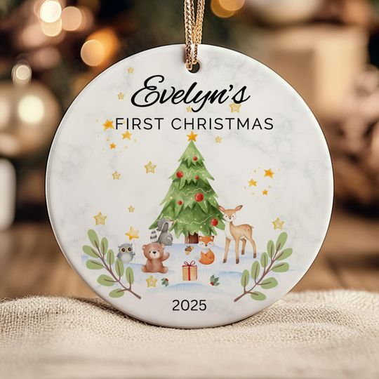 Discover Baby's First Christmas Ornament: Woodland Creatures - Personalized Ceramic