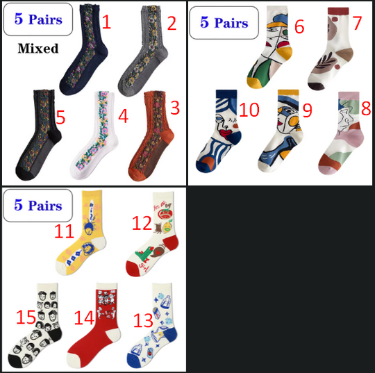5 Pairs Graffiti Socks Personality Tide Funny Korean Version Mid Tube Couple Socks Harajuku Style Colorful Cute Flower Socks
