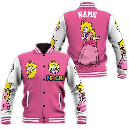 Custom Princess Peach Baseball Jacket, Super Mario Gaming Jacket, Name Embroidery