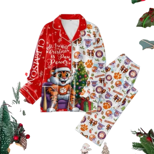 Discover Clemson Tigers All I Want For 2024 Christmas Is Paw Power Polyester Pajamas Set
