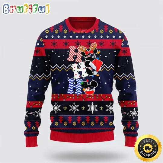 Discover Pats Fan Ugly Christmas Sweater  Cartoon Holiday Style Knit HoHoHo Blue & Red