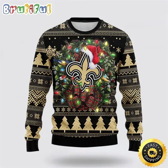 New Orleans Themed Ugly Sweater  Christmas Wreath Fan Style Football Edition