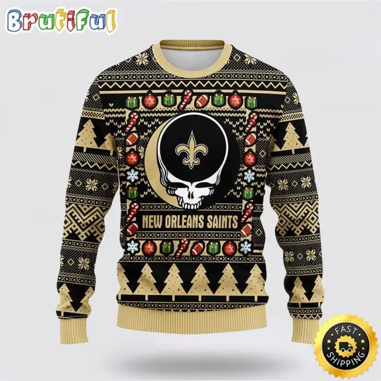 New Orleans Saints Fan Made Fleece Sweater  Skull Inspired Ugly Christmas Knit
