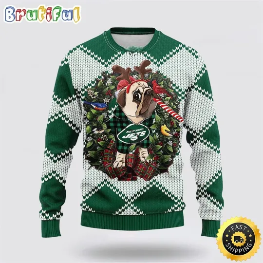 Discover Jets Fan Ugly Christmas Sweater Cartoon Pub Dog Holiday Knit