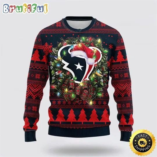 Houston Themed Ugly Sweater  Christmas Wreath Fan Style Football Edition