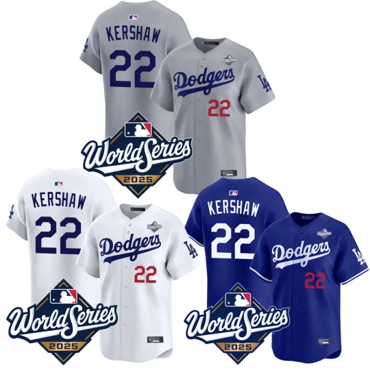 Discover Mens Dodgers #22 Clayton Kershaw 2025 World Series Home Replica Player Jersey