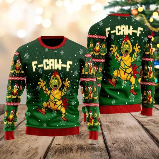 Discover F-Caw-F Chicken Ugly Christmas Sweater, Funny Green Rooster Xmas Sweatshirt