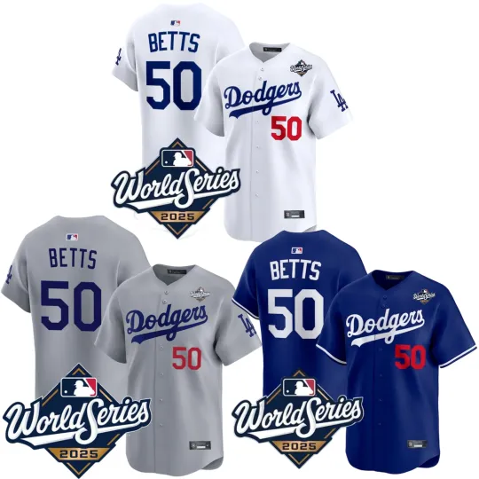 Discover Mens Dodgers #50 Mookie Betts 2025 World Series Home Replica Player Jersey