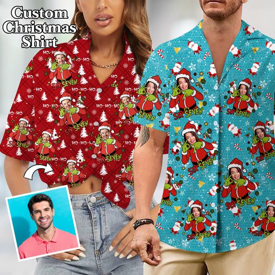 Discover Custom Face Six Seven Santa Hawaiian Shirt, Personalized Hawaii Shirts, Photo 67 Meme Shirt
