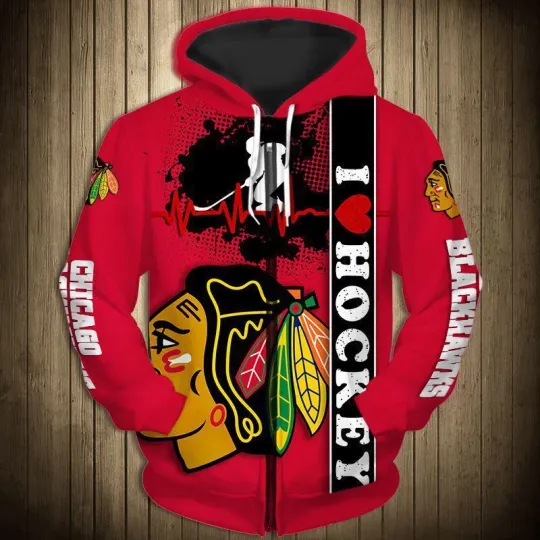Discover Chicago Blackhawks 3D Zip Up Hoodie Heartbeats Christmas Gift for Hockey Fans