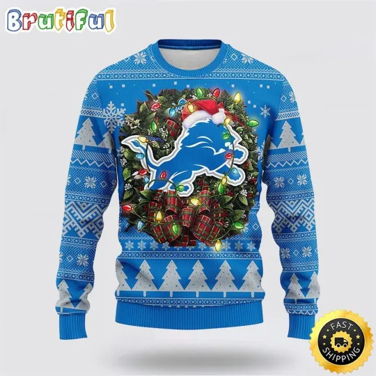 Christmas Wreath Ugly Sweater  Detroit Lions Inspired Fan Gift