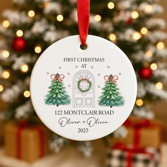 First Christmas in Our New Home Ornament, Ceramic Xmas Tree Decoration, Couple Holiday Keepsake, First Christmas Address Custom Mr Mrs Gift