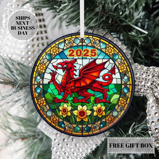Discover Welsh Dragon & Daffodils Ornament: Wales Faux Stained Glass Ceramic Keepsake