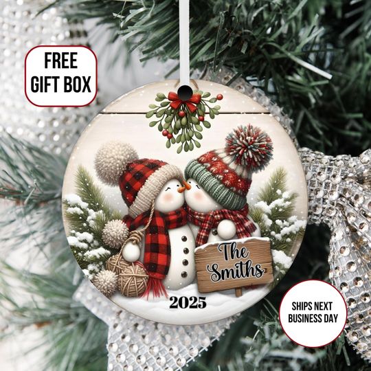 Discover Personalized Kissing Snowmen Ceramic Ornament, Christmas Tree Decoration