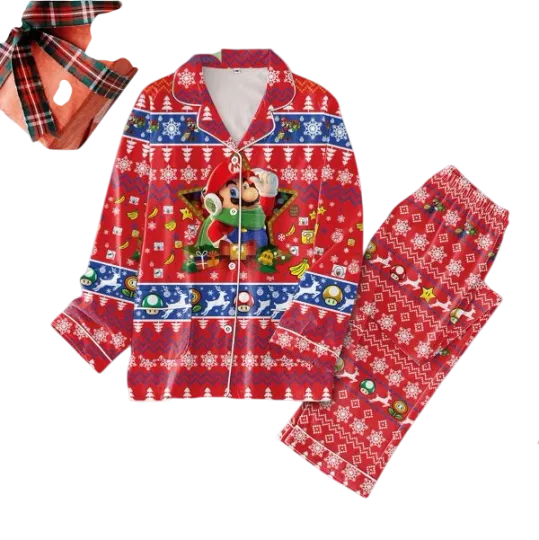 Super Mario Bros Video Game Christmas Pajamas Set for Adults