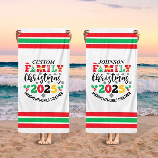 Personalized Family Christmas Beach Towel 2025, Christmas in July Holiday Gift for Family, First Christmas, Florida Hawaii Christmas