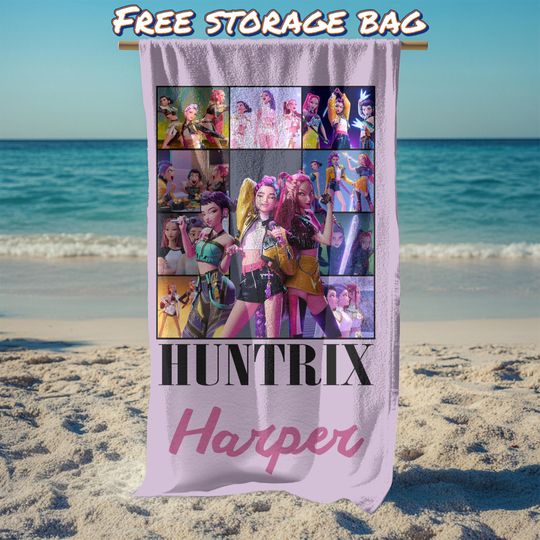 Discover Personalized Kpop Huntrix Girls Beach Towel, Cute Anime Art with Name, Kids Beach Towel, Anime Girl Towel