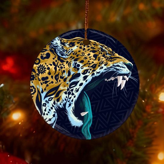 Discover Christmas Jaguar Double sided Ceramic Ornament, Boho Floral Wild Cat Keepsake, Unique Holiday Gift for Animal Lovers