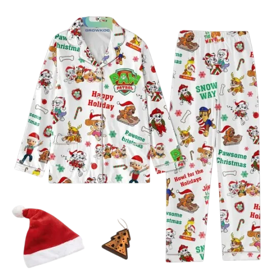Discover Paw Patrol Pajama Set for Adults, Snow Holiday Theme with Skye, Runnle, Zuma, Marshall, Everest