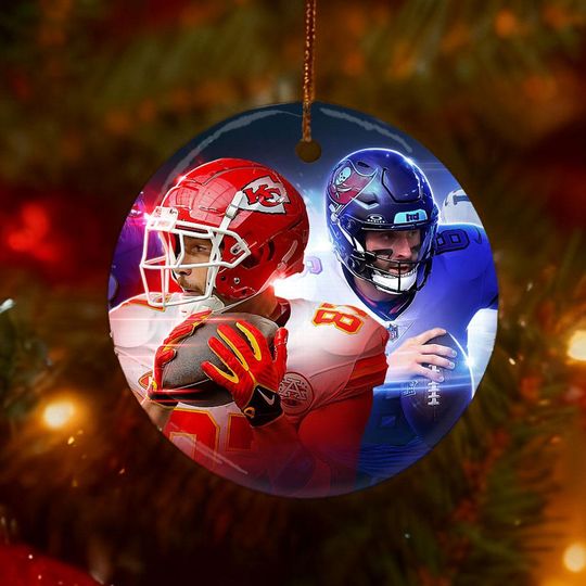 Christmas Double sided Ceramic Ornament, football Chiefs & Buccaneers Football Stars Keepsake, Sports Fan Gift