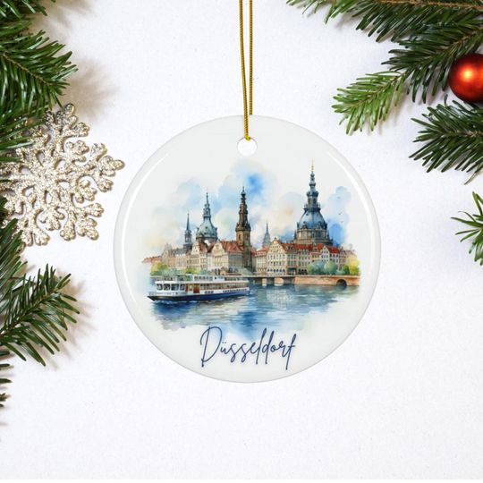 Discover Dsseldorf Ornament  Handcrafted Ceramic, Watercolor Design, Authentic German Keepsake & Christmas Decoration with Custom Year Option