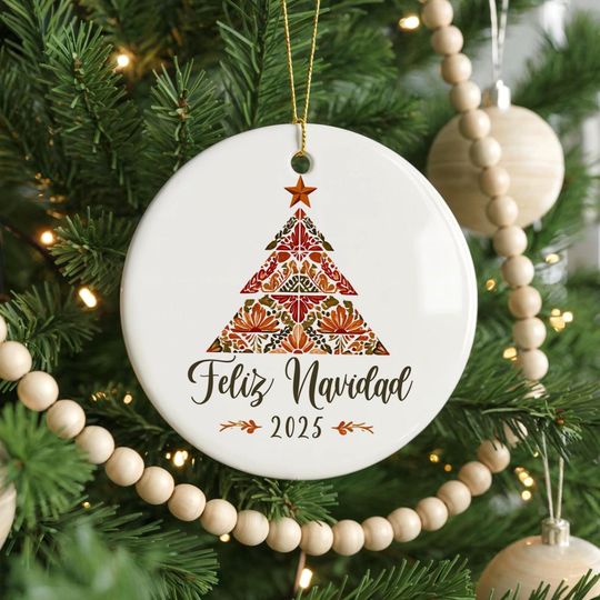 Feliz Navidad 2025 Ornament | Mexican Talavera Style | Spanish Christmas Tree Decor | Bilingual Holiday Gift | Rustic Boho Ceramic Ornament
