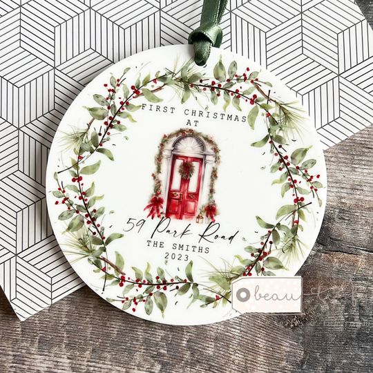 Discover Personalised First Christmas at Address New Home gift Red Door House Botanical Ceramic or Acrylic Decoration Ornament Keepsake Housewarming