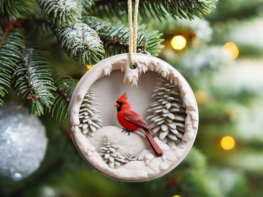 3D Christmas Sublimation Ornaments Designs Download Sublimation Decoration Background Christmas  Round Design Cardinal Bird