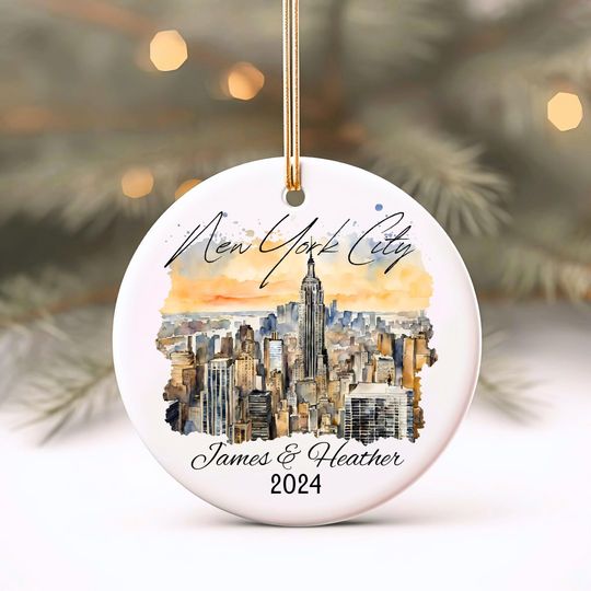 Custom New York City Ceramic Ornament, Watercolor NYC Skyline Decor, Christmas Ornament, Holiday Gift, Stocking Stuffer, Cityscape Ornament