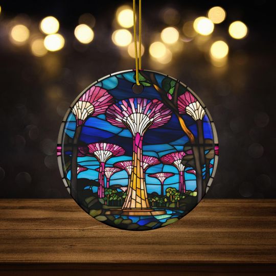 Gardens by the Bay Singapore Ceramic Ornament, Faux Stained Glass Ornament for Travelers, Asia Travel Vacation Keepsake, Asian Souvenir