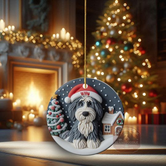 Discover Personalized Sheepadoodle Ceramic Ornament - Two Sided Clay Scene