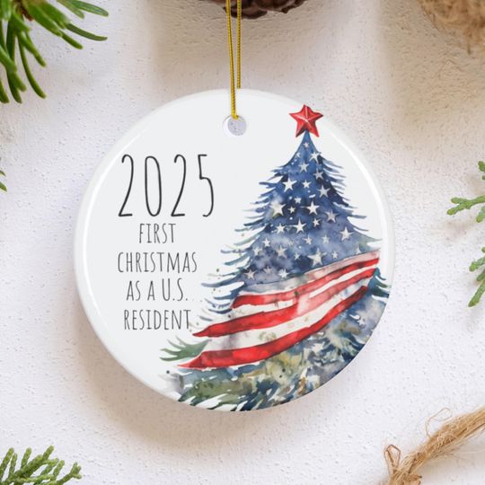 Discover First Christmas USA Resident Ceramic Ornament: Patriotic Watercolor Gift