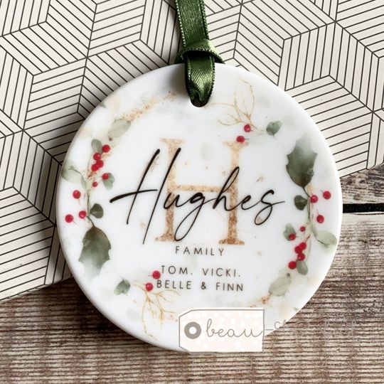 Discover Personalised Family Christmas Decoration Holly Foliage Wreath Botanical....Round Ceramic ... Christmas Gift - Tree Decoration - Ornament