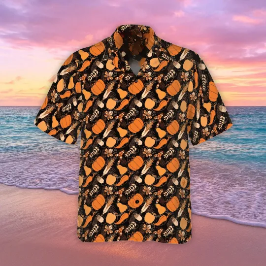 Discover Thanksgiving Hawaiian Shirt with Fall Pumpkin and Corn Pattern