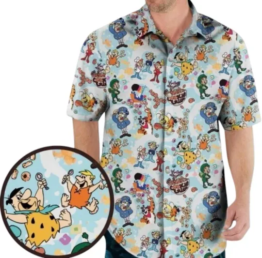 Retro Cartoon Fred Flintstone Cereal Mascots Hawaiian Shirt for Cartoon Fans