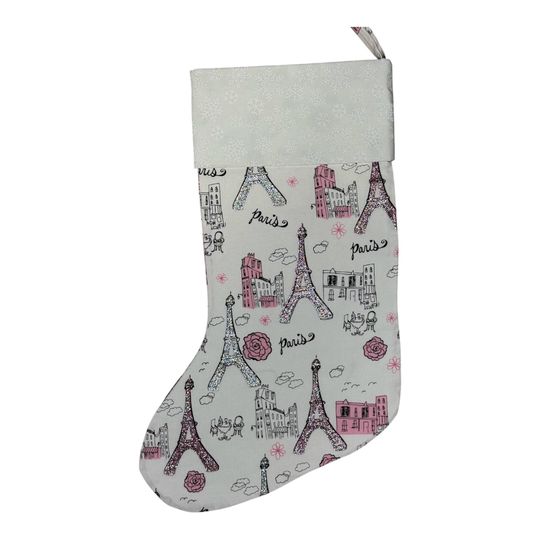 Discover Paris Effiel Tower Christmas Stocking, France, Pink, Christmas Decor, Holiday, Washable
