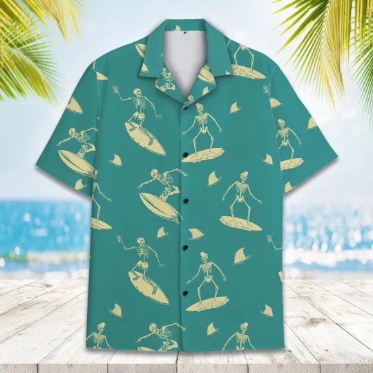 Skeleton Surfing Hawaiian Shirt, Men Women Vintage Summer Aloha Shirt