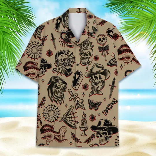 Discover Vintage Skull Tattoo Hawaiian Shirt for Men Women