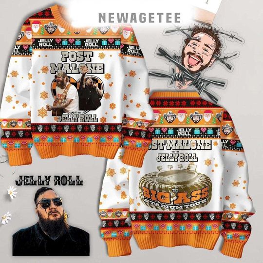 Post Malone Posty With Jelly Roll Tour 2025 Ugly Christmas Heavy Freece Sweater