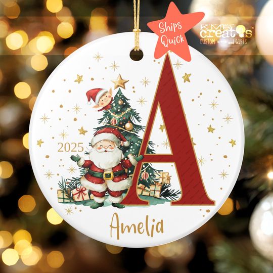 Discover Personalized Santa Initial Letter Ceramic Christmas Ornament, Custom Holiday Keepsake