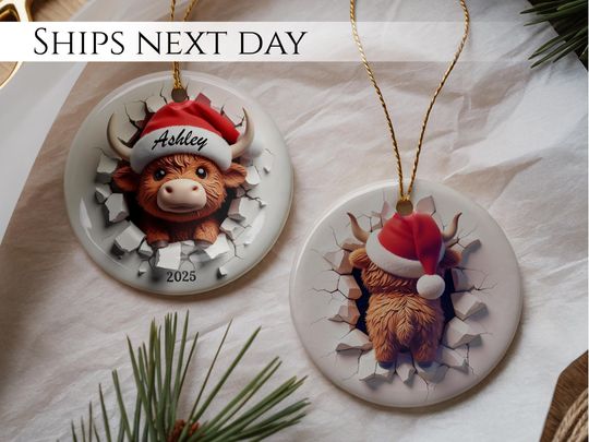 Discover Handcrafted Christmas Cow Ornament - Adorable Holiday DecoCustom Christmas Cow Ornament, Dual-Sided Ornament, Christmas Cow Ornament,